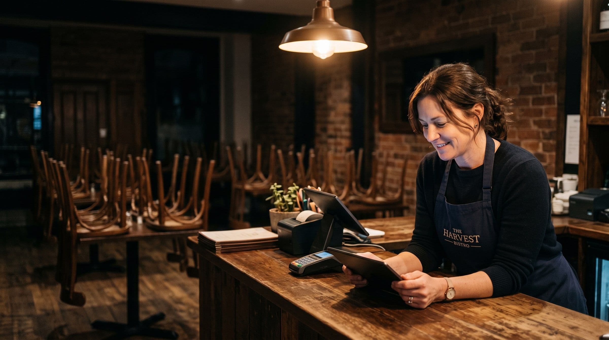 Dono de restaurante ao balcão, a conferir o painel no tablet no fim do dia.