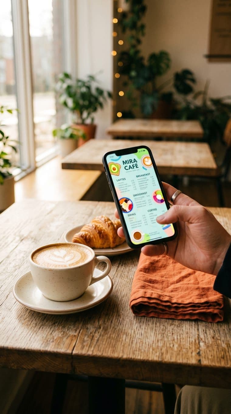 Mão a segurar um celular com a página de pedidos de um restaurante aberta.